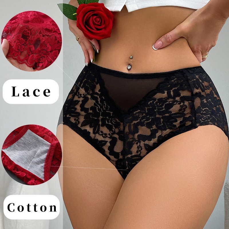 3 Pack Plus Size Lace Sheer Panties Mid Rise Briefs Double Layer Gusset Sexy