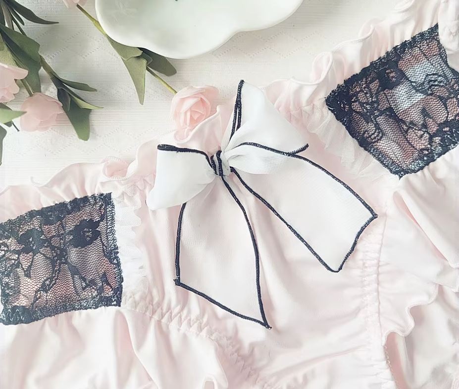 Luxury soft silky feel satin knickers panties black lace bow ruffles UK 12 / L