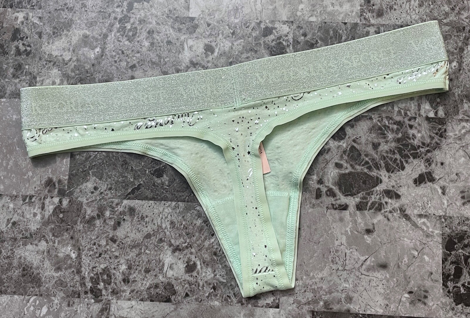NWT VICTORIA’S SECRET GREEN SILVER STAR SHINE LOGO THICK WAISTBAND THONG PANTIES