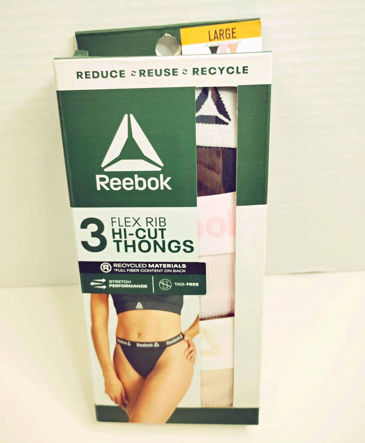 Reebok Flex Rib Hi-Cut Thong Panties 3 Pack L Multicolor Tagless Stretch