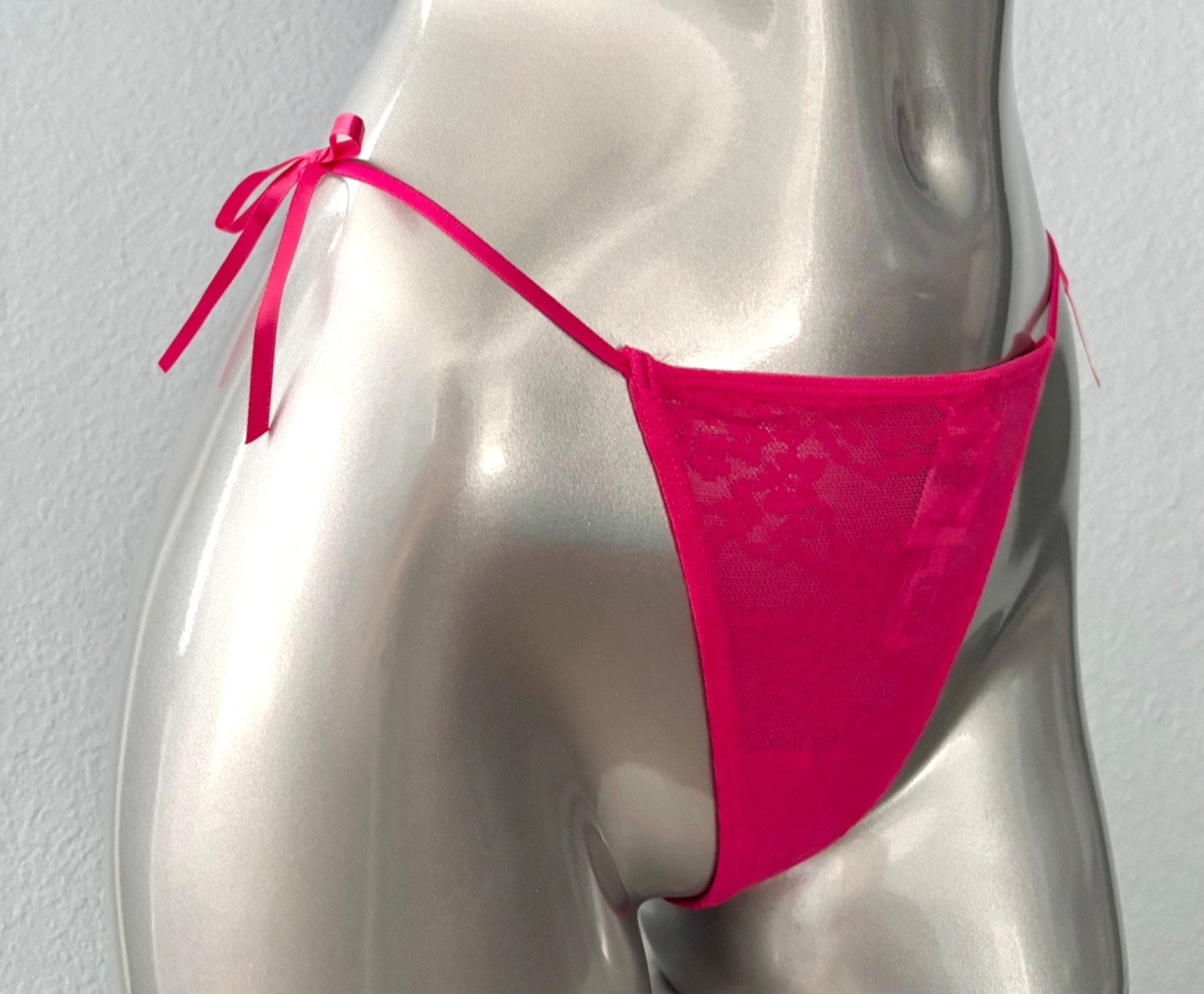 PINK Victoria’s Secret V String Panty Hot Stuff Floral Lace Side Tie Nwt