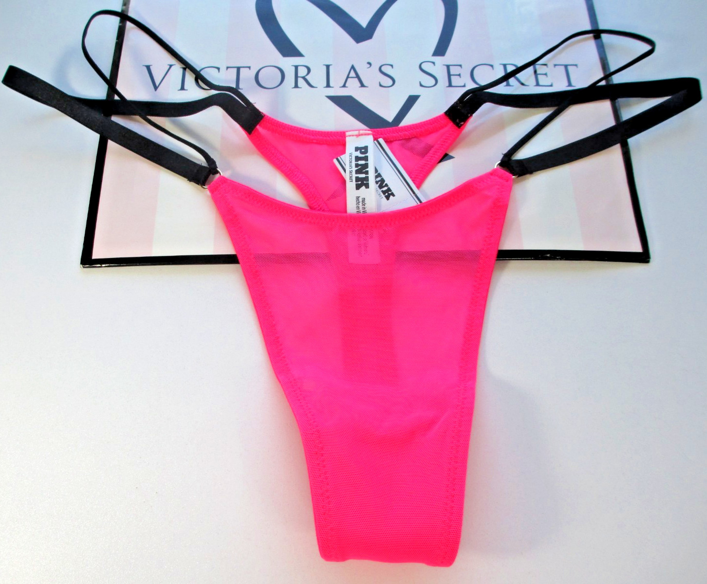VICTORIA’S SECRET PINK Micro Thong Panty S M L XL Hot Pink Black NWT Strappy VS