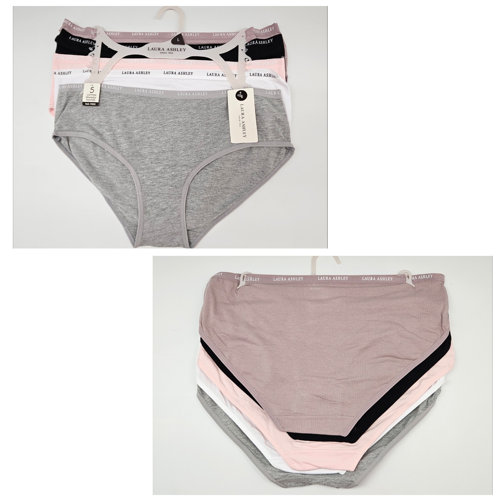 LAURA ASHLEY 5-Pack Women’s L XL Logo Cotton Panties Black Pink Brown White Gray