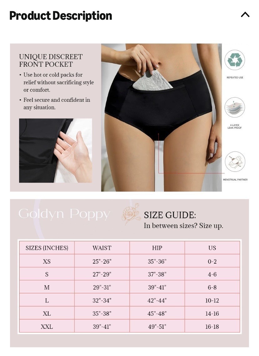 GOLDYN POPPY PERIOD UNDERWEAR, 3 PACK, BLACK, NEW, MID-RISE HIPSTER, HIGH ABSORB