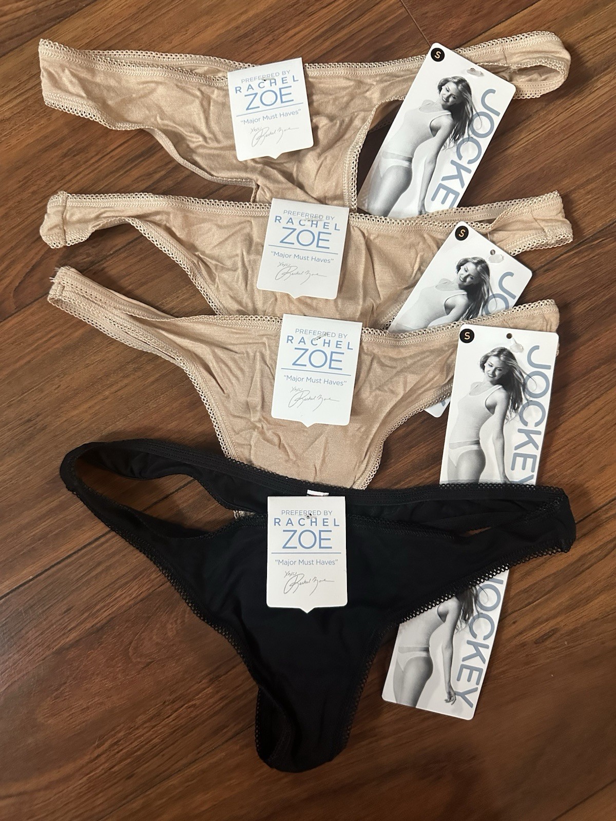 4 RACHEL ZOE Jockey Women’s Small Thong Panties Beige Black Modal Stretch