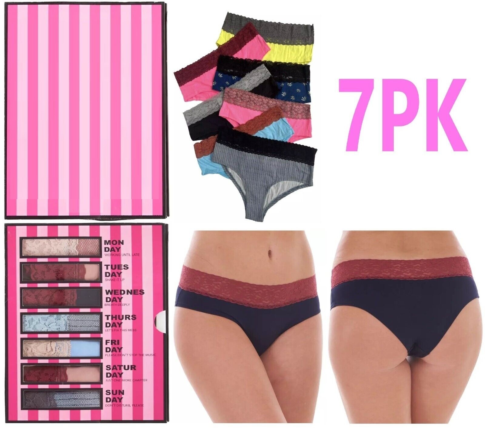 Ladies 7 Pack Knickers VICSECR Days Of The Week Box Lace Briefs Panties