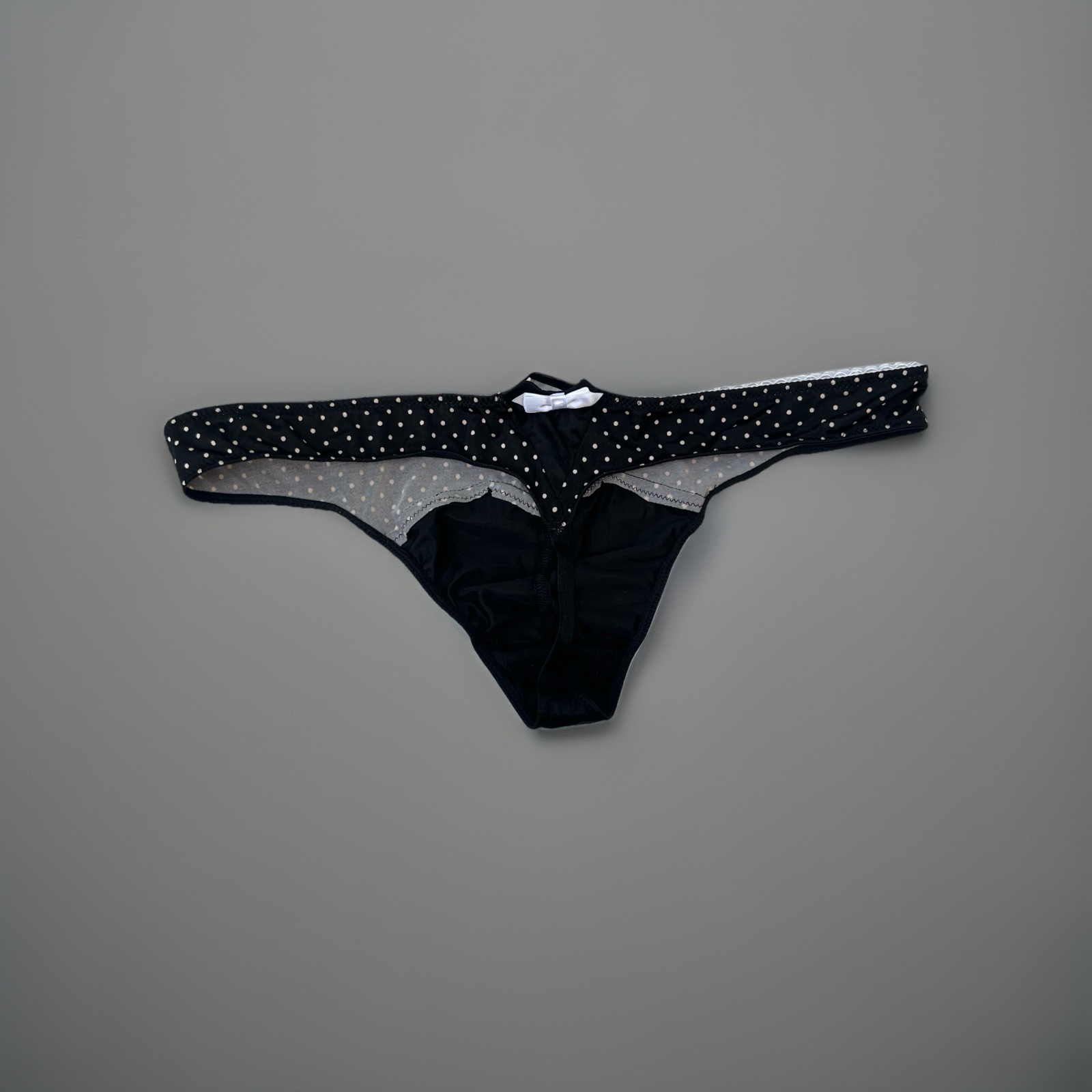 Vintage Victoria’s Secret Black Polka Dot Silky Satin V-String | Bow Y2K Rare