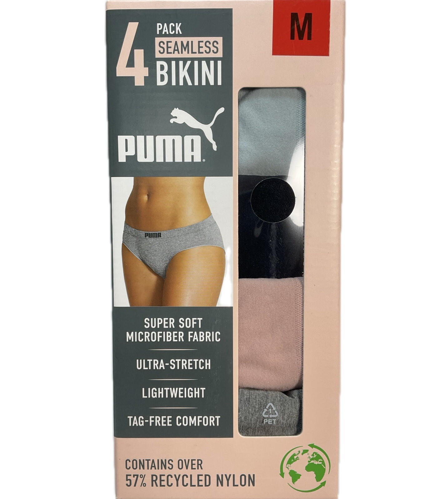 Puma Ladies 4-Pack Seamless Bikini Panties Soft Ultra-Stretch, Multicolor Size M