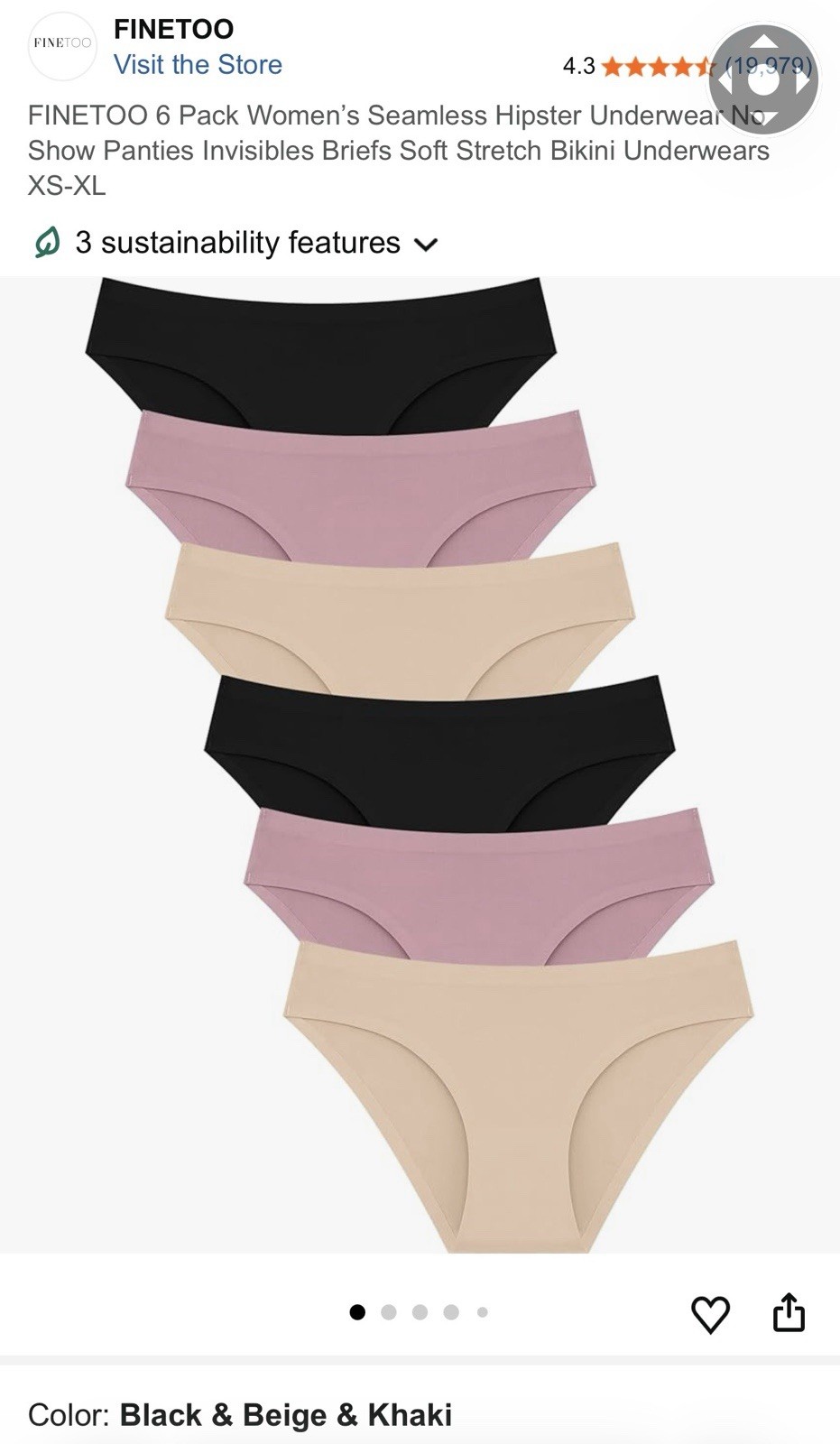 FINETOO 6 Pack Seamless Stretch Soft Hipster Panties Black Beige Khaki Size S
