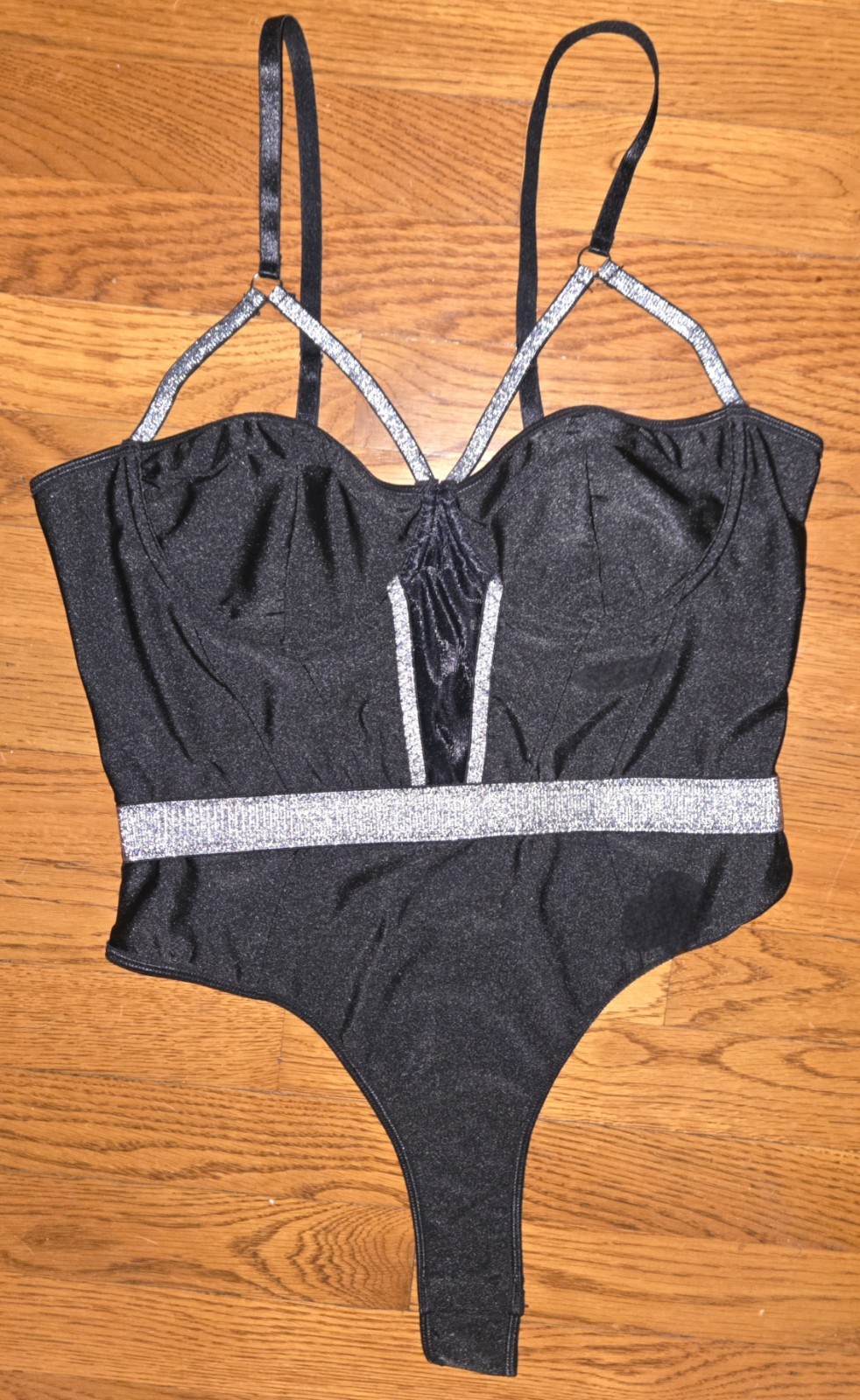 NWOT Black Bodysuit With Silver Trim. Figure Flattering. Versatile Sz: LARGE (L)