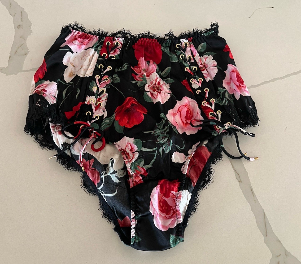 Victoria’s Secret Atelier Brief Panty Multicolor Floral Satin Lace-Up XS NWT