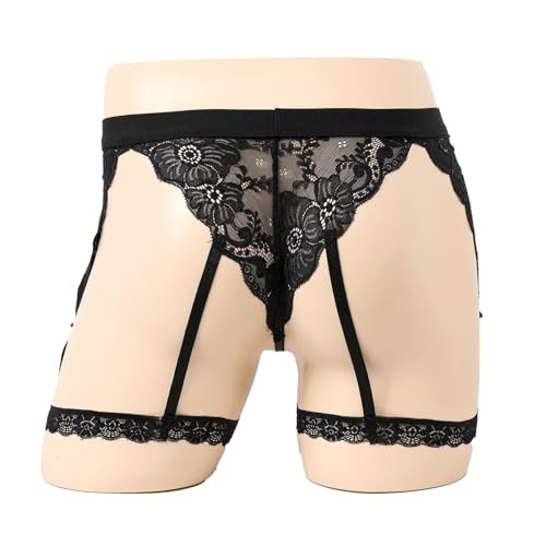 Mens Sissy Thongs Underwear Sexy Lace Panties Boxer Briefs Sheer Medium Black