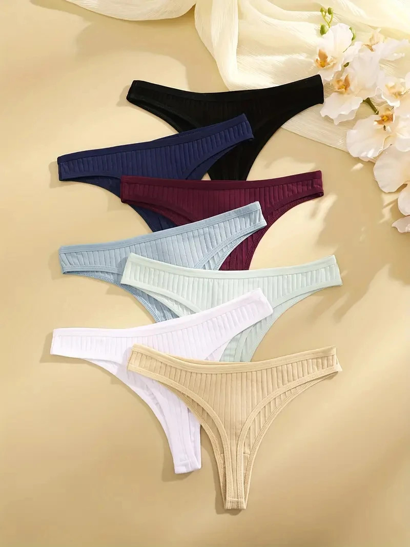 6Pcs/Set Women Cotton Thongs Panties Female Ribbed Low Rise G-String Ladies Sexy