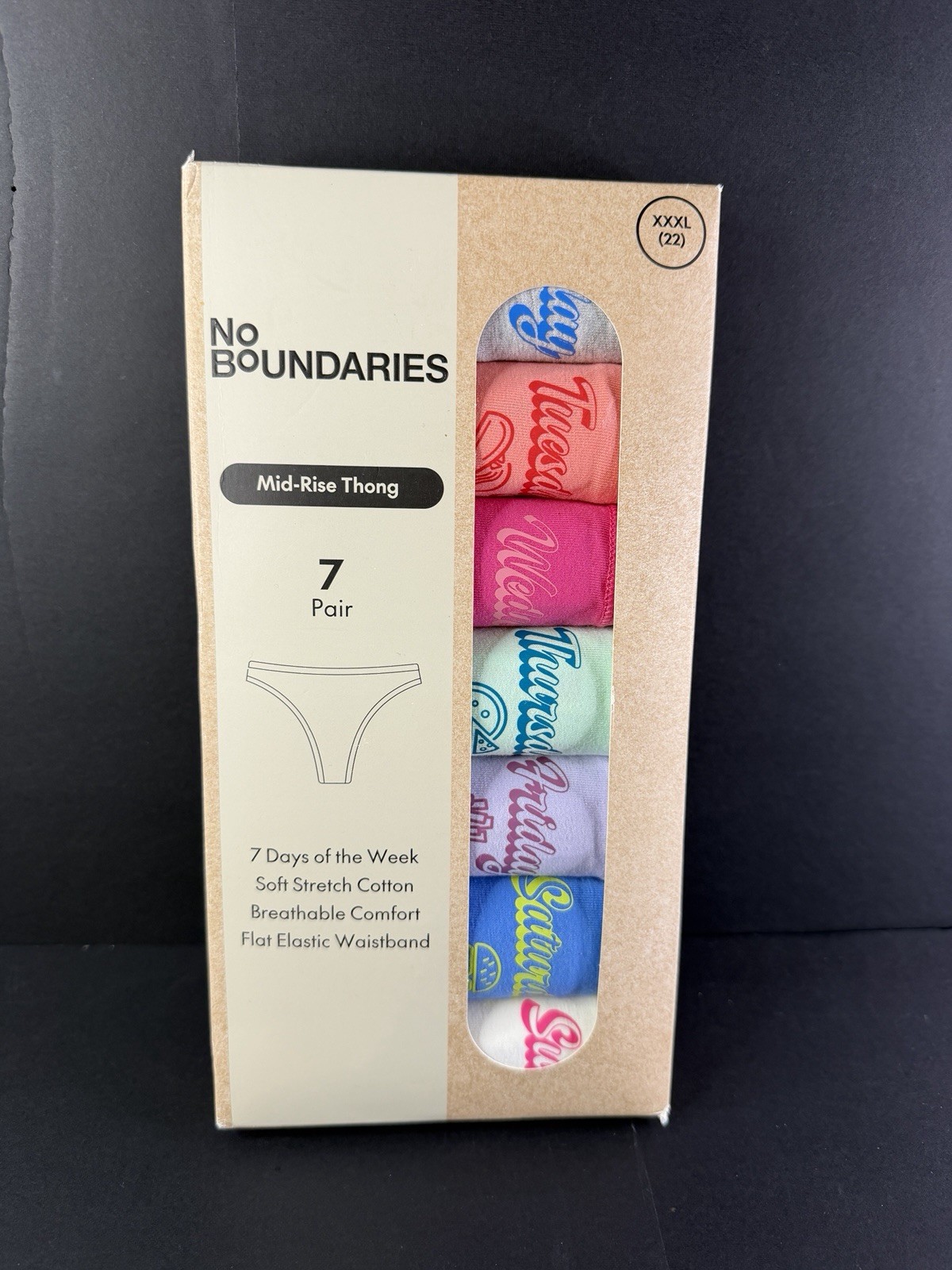 No Boundaries XXXL (22) Mid-Rise Thong Panties 7 Pair/ 7 Days Of The Week Pack