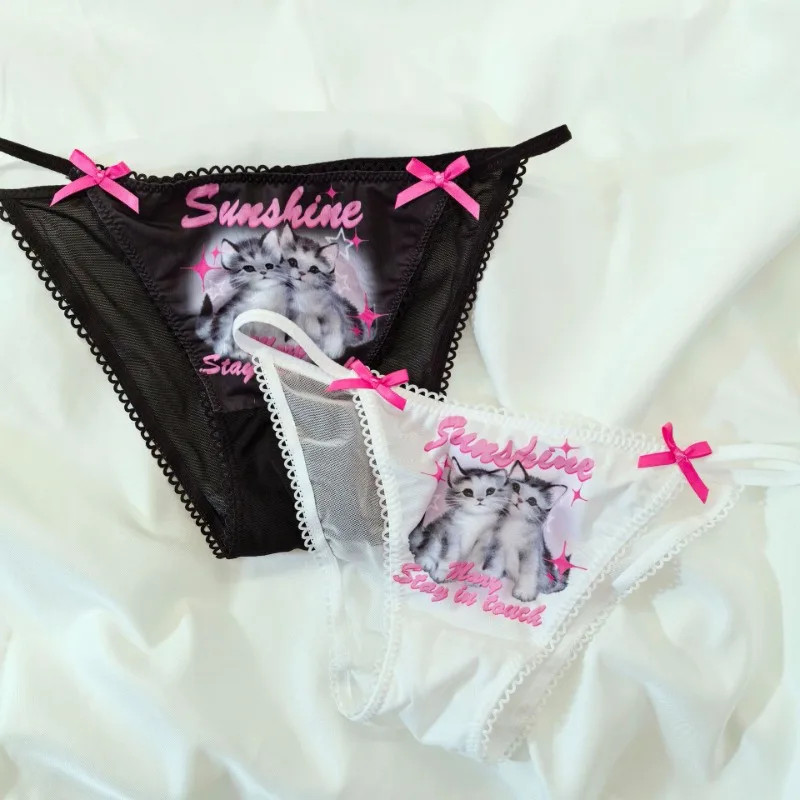Cat Print Brief Panties Bow Low Rise Mesh Breathable Cotton Underwear Women