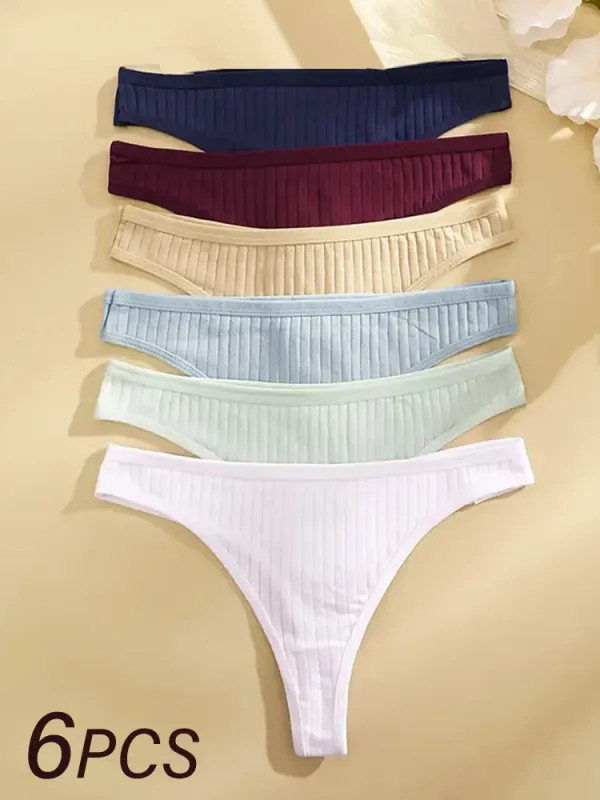 6Pcs/Set Women Cotton Thongs Panties Female Ribbed Low Rise G-String Ladies Sexy