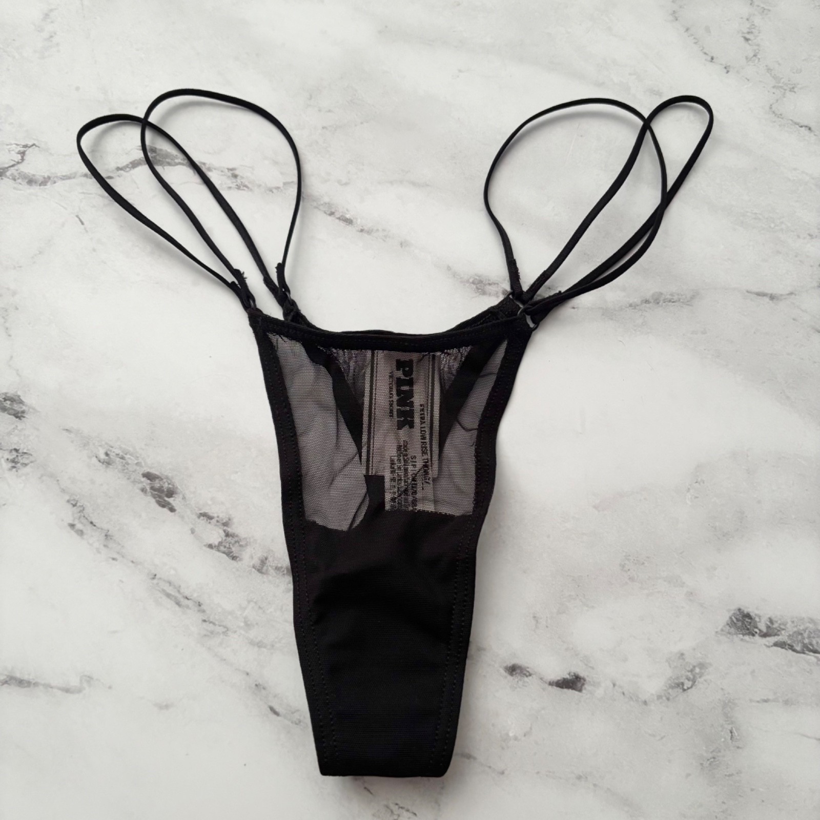 PINK Victoria’s Secret Thong Panty Black Strappy Mesh Micro Sexy M L XL 2XL