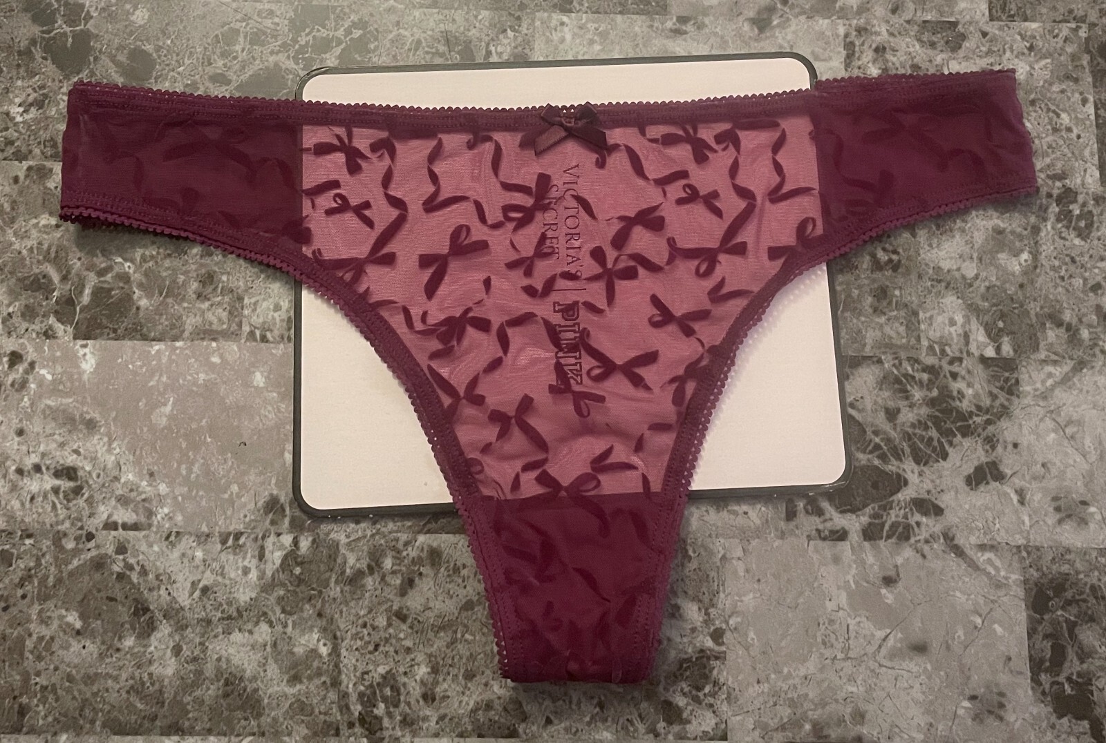 NWT VICTORIA’S SECRET XL MAROON BOW FLOCKED VELVET LIKE MESH THONG PANTIES