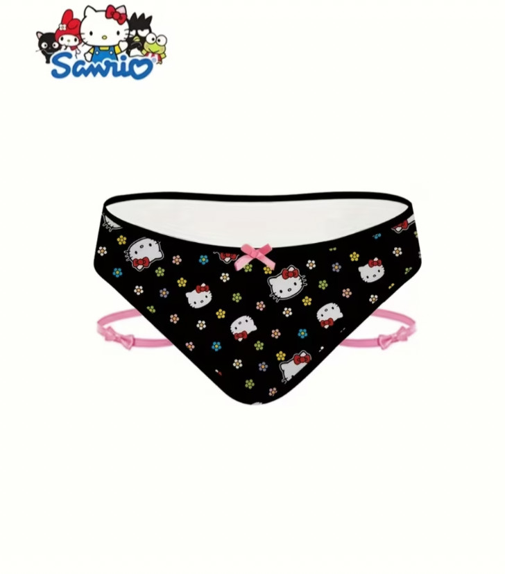 Women’s Sanrio Hello Kitty Cute Cat Print Black Brief Panty Leg Ring Harness L