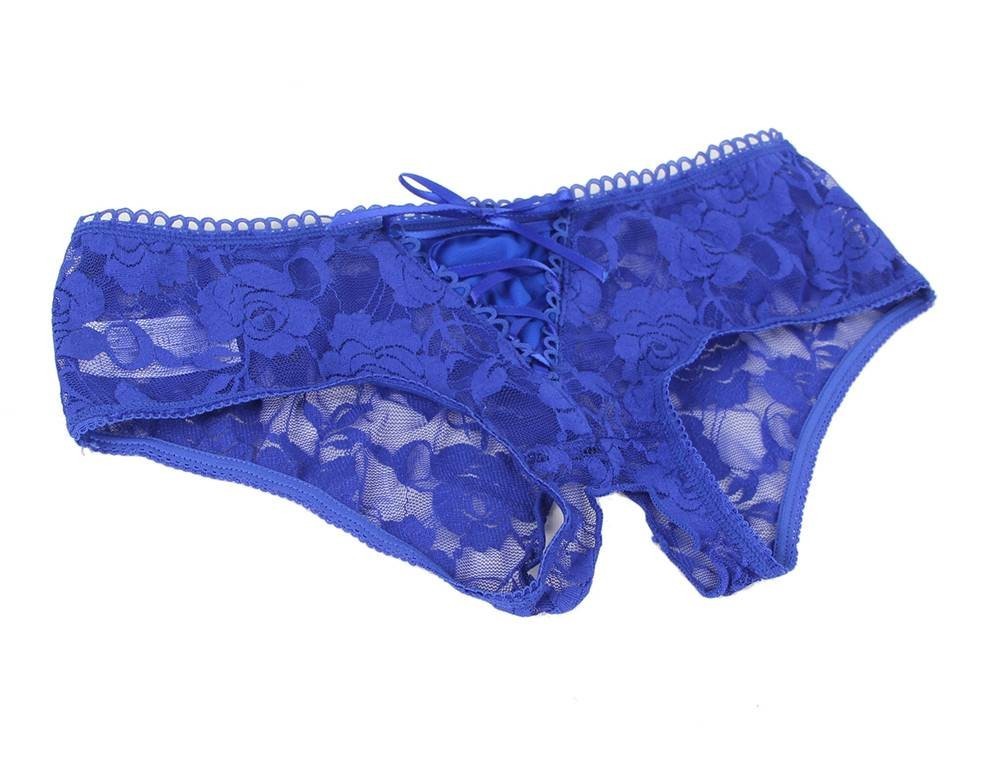 WOW BABE Blue Floral Lace Bow Detail Open Crotch French Knickers Panty Size 8-10