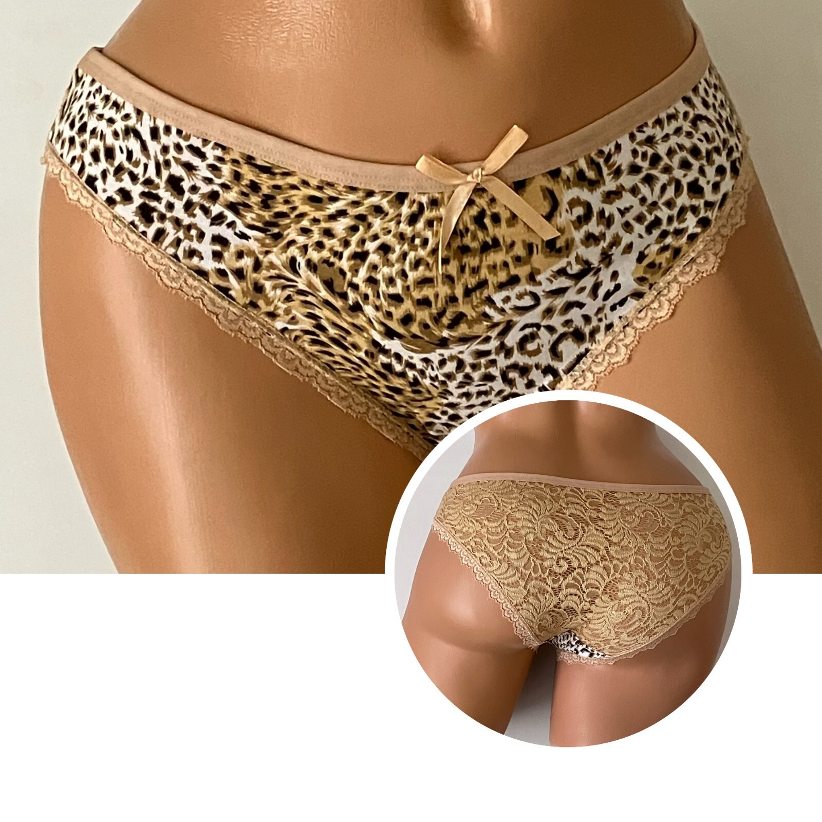 Colorful Leopard Lace Trim, Semi Sheer Lace Back Bikini Panties-Size XL-Hip 39″