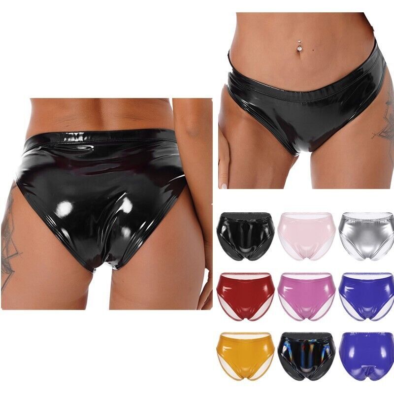 US Women Briefs Wet Look Underwear Low Waist Panty Metallic Strings Cheeky