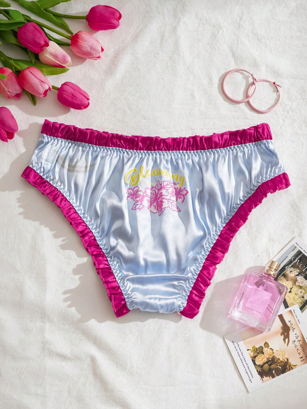 Women’s Kawaii Blue Pink Satin Floral Cute Frilly Knickers Sissy Bikini Panty
