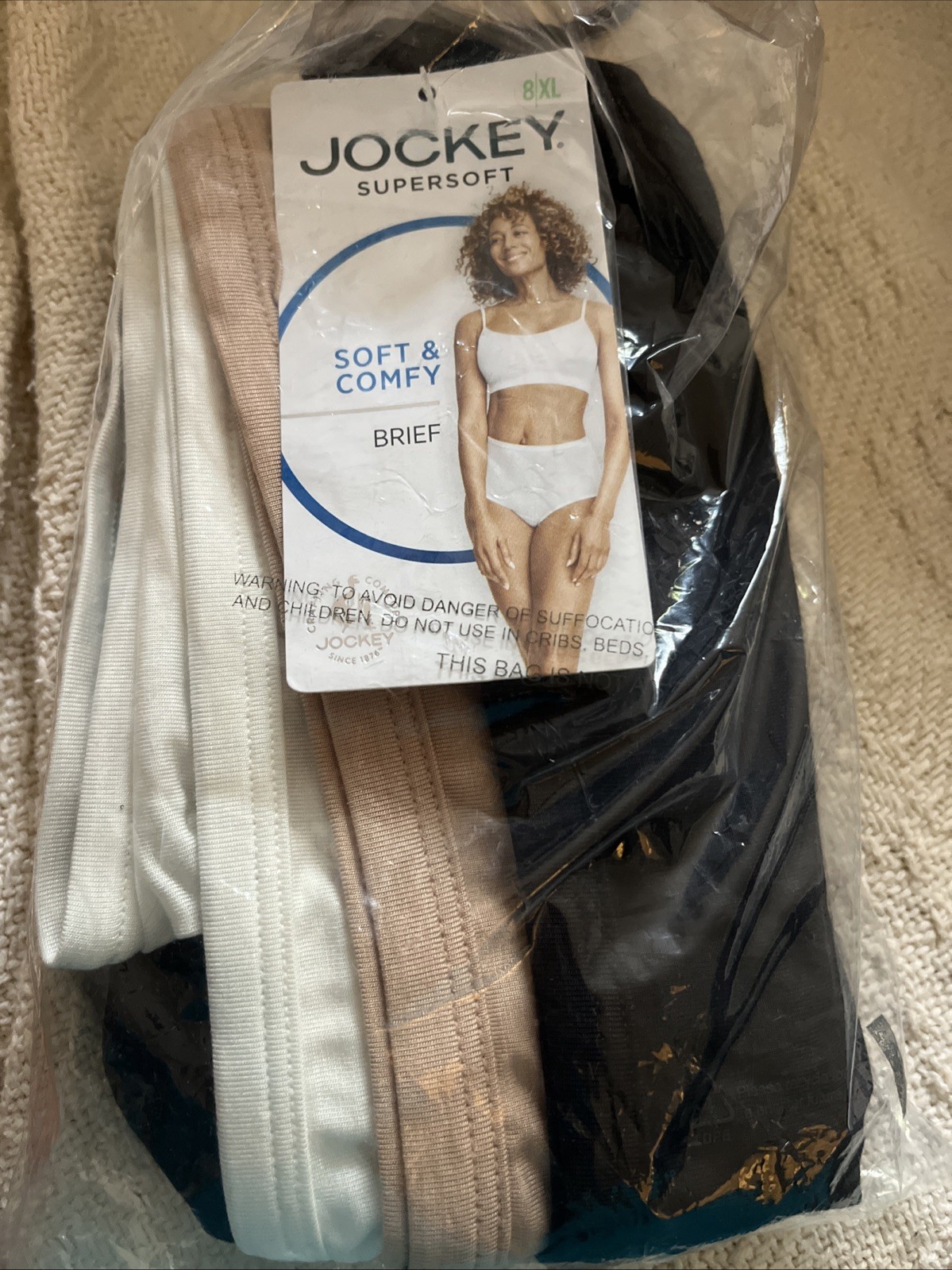 Jockey Women’s sz 8 SuperSoft 3 Pack Soft & Comfy Briefs, White/Beige/Black New