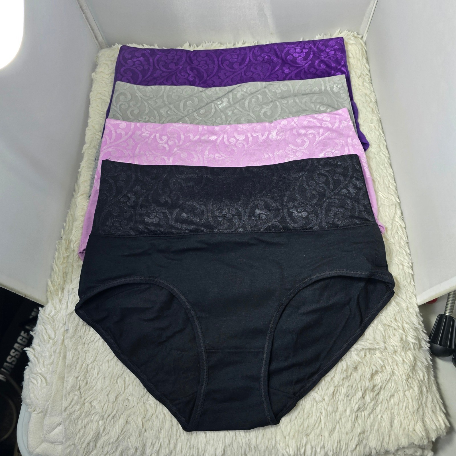 High Waisted Briefs 4 Pack Women Large Black Gray Purple Damask Waistband Soft