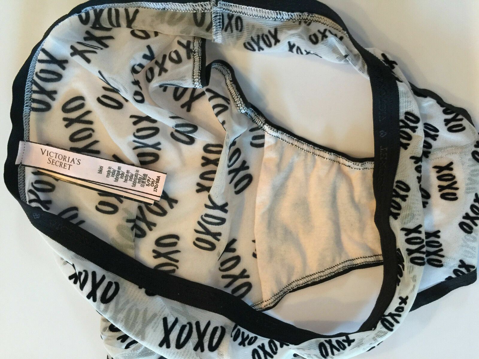 Victorias Secret XOXO LOVE Bikini Panties Size S Sexy Flirty Black Trim Sheer