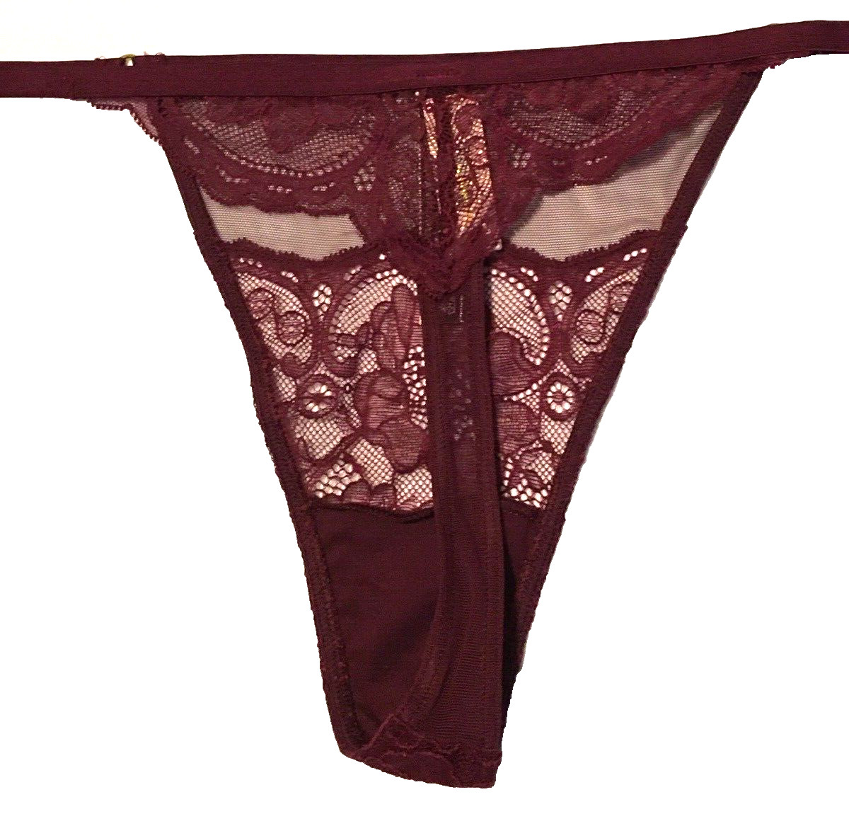 Victorias Secret Maroon Wine Kir Thong Panty XL Floral Split Lace & Mesh Sheer