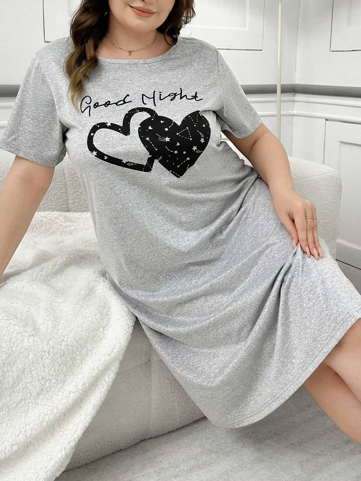 Plus Size T Shirt Nightdress With Letters And Starry Sky Heart Cheap24
