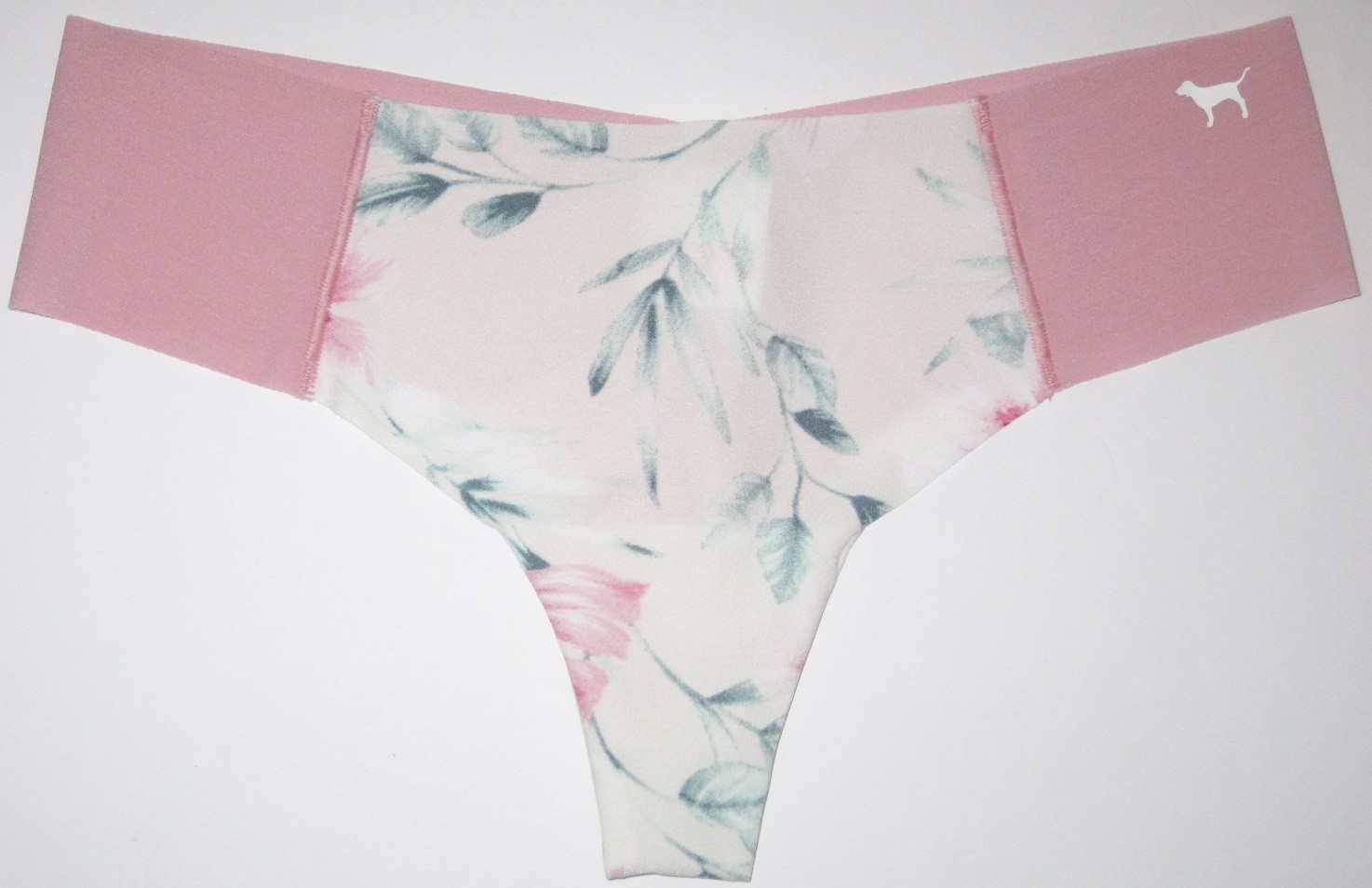 NWT VICTORIA’S SECRET PINK S IVORY GREEN PINK ROSE FLORAL NO SHOW THONG PANTIES