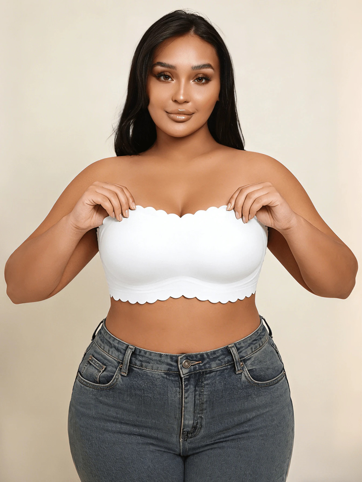 Plus Size Strapless Wireless Padded Bra With Ruffle Edge Cheap24