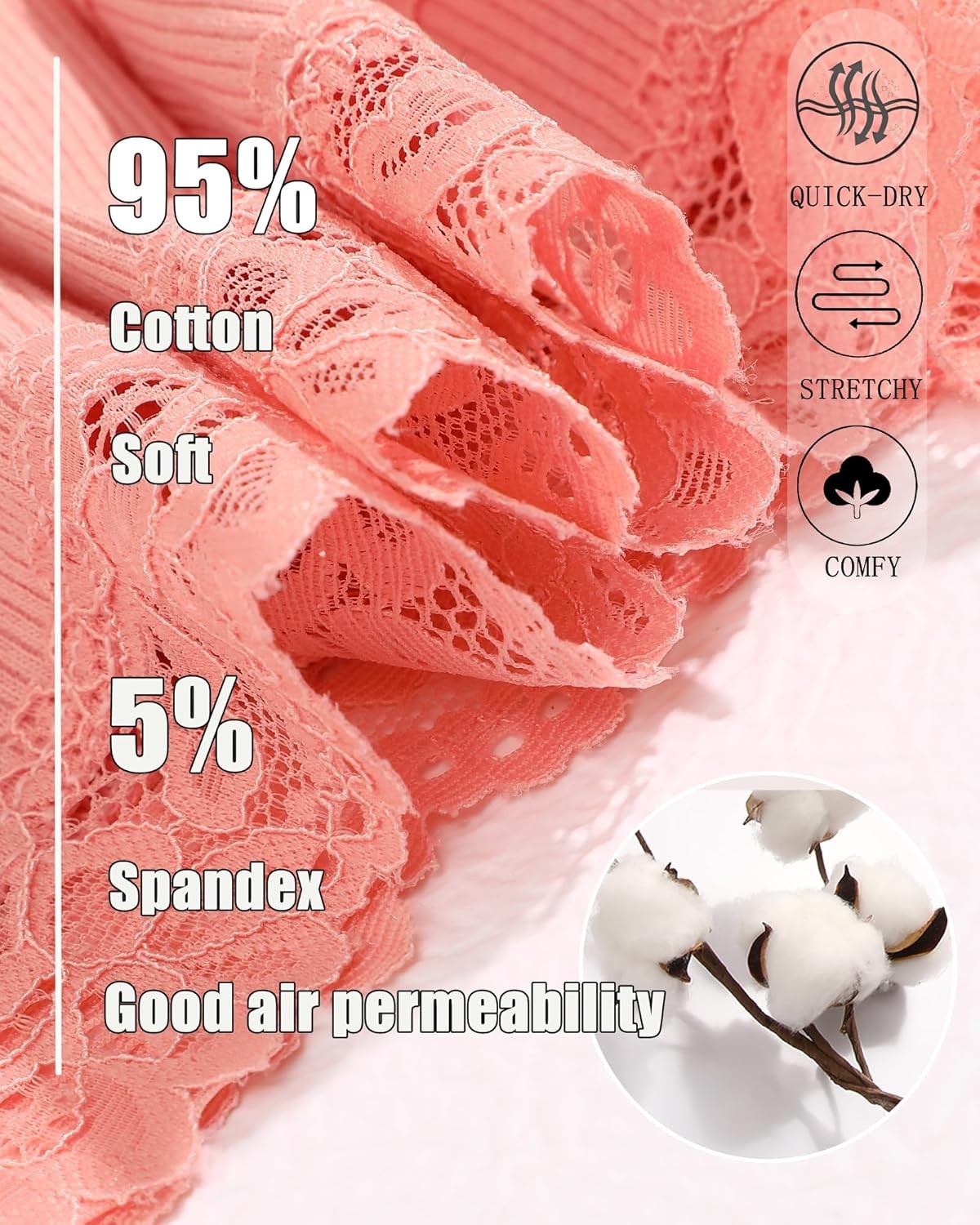 6 Pack Womens Cotton Underwear Soft Breathable Lace Brazilian Panties Low Waist