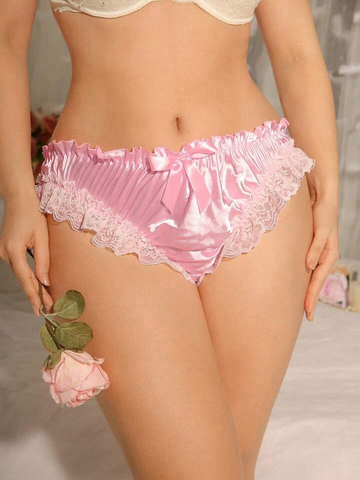 Pretty Pink Satin Ruffled Lace Ruched Bum Frilly Bikini Panties PLUS 3XL 3X NEW
