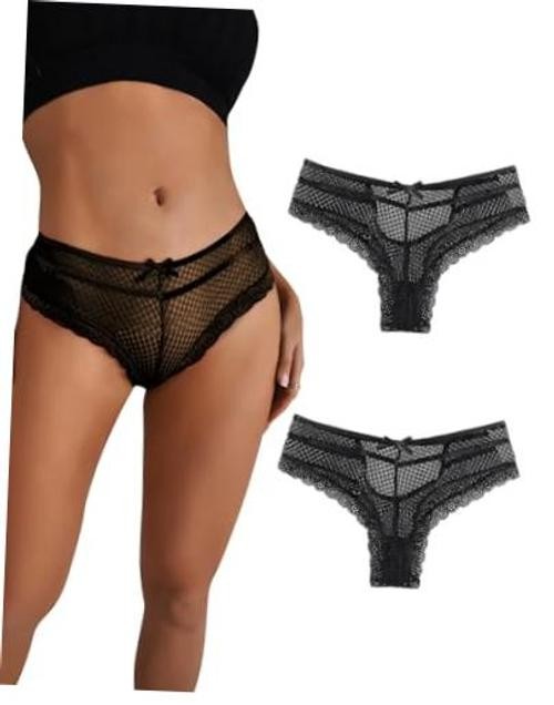 Womens Sexy Lace Hipster Panties Mesh Bikini X-Large-XX-Large 2pack-black