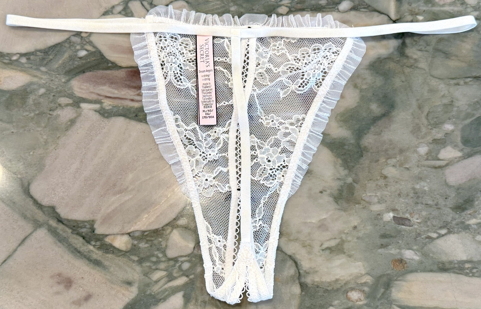 NEW Victoria Secret Dream Angels Lace Ruffle & Bows V-String – Coconut White XL