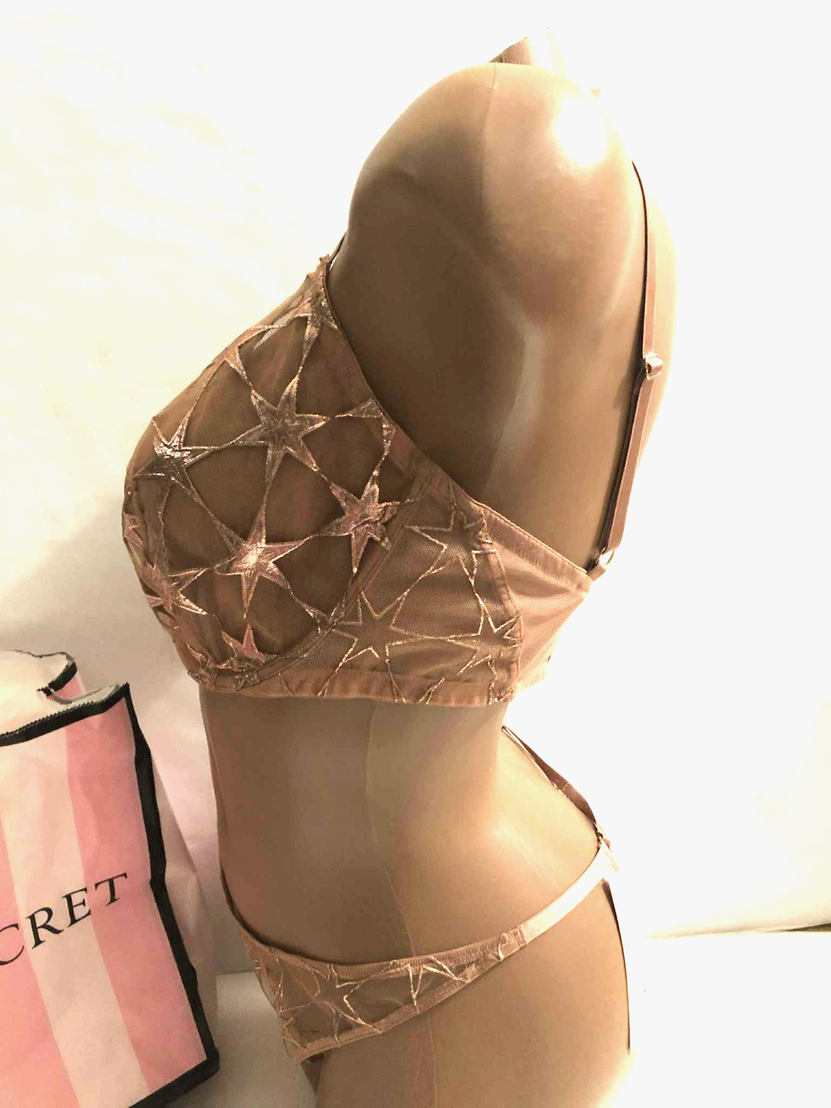 Victoria’s Secret Sheer Shine Low-Cut Demi Bra & V-string Panty Rose Gold Stars