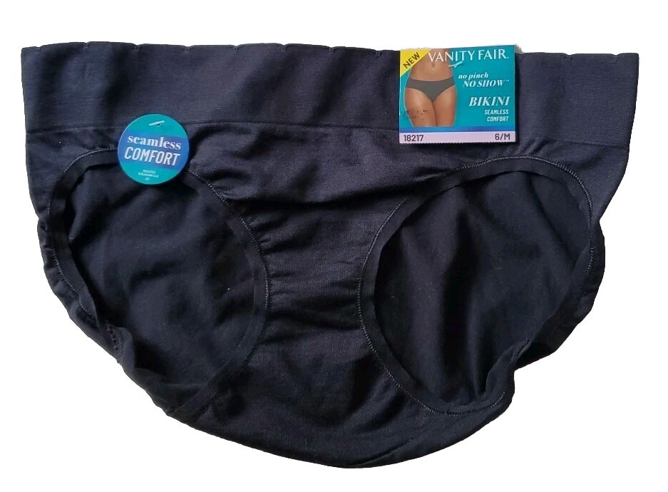 NWT Vanity Fair No Pinch No Show Bikini Panties 18217 Seamless Black Size 6/M