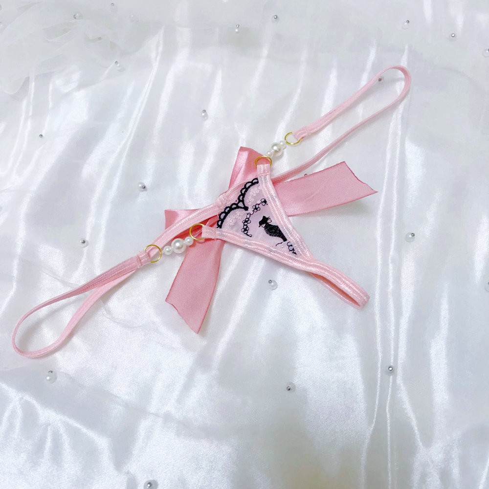 Sexy Thong Women’S Pearls Mini Panties Lace Thong Pink Cat Big Bow Lady Gstring