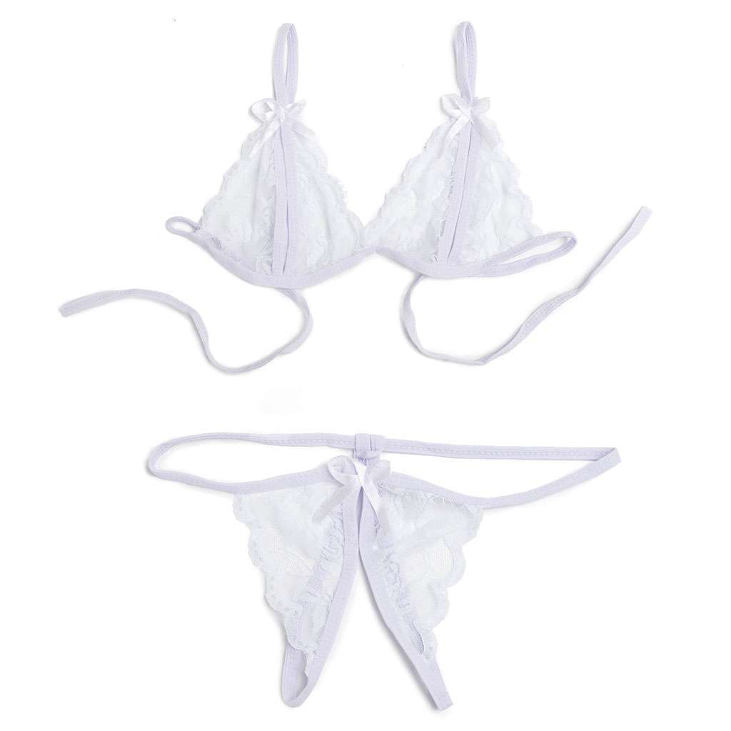 Women Lingerie Underwear Set Open Cup Sheer Lace Bra Open Crotch Pant Babydoll