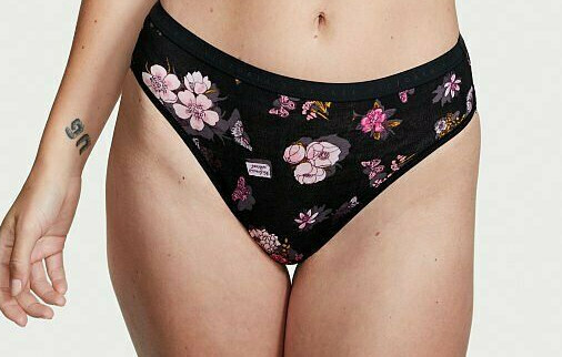 M NOIR Black Pink Floral Soft Cotton Victorias Secret High-Leg Waist Brief Panty