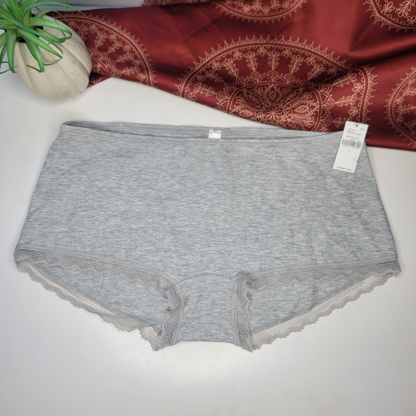 Old Navy Boyshort Panties Gray Lace Accent Cotton Blend Size L Women’s