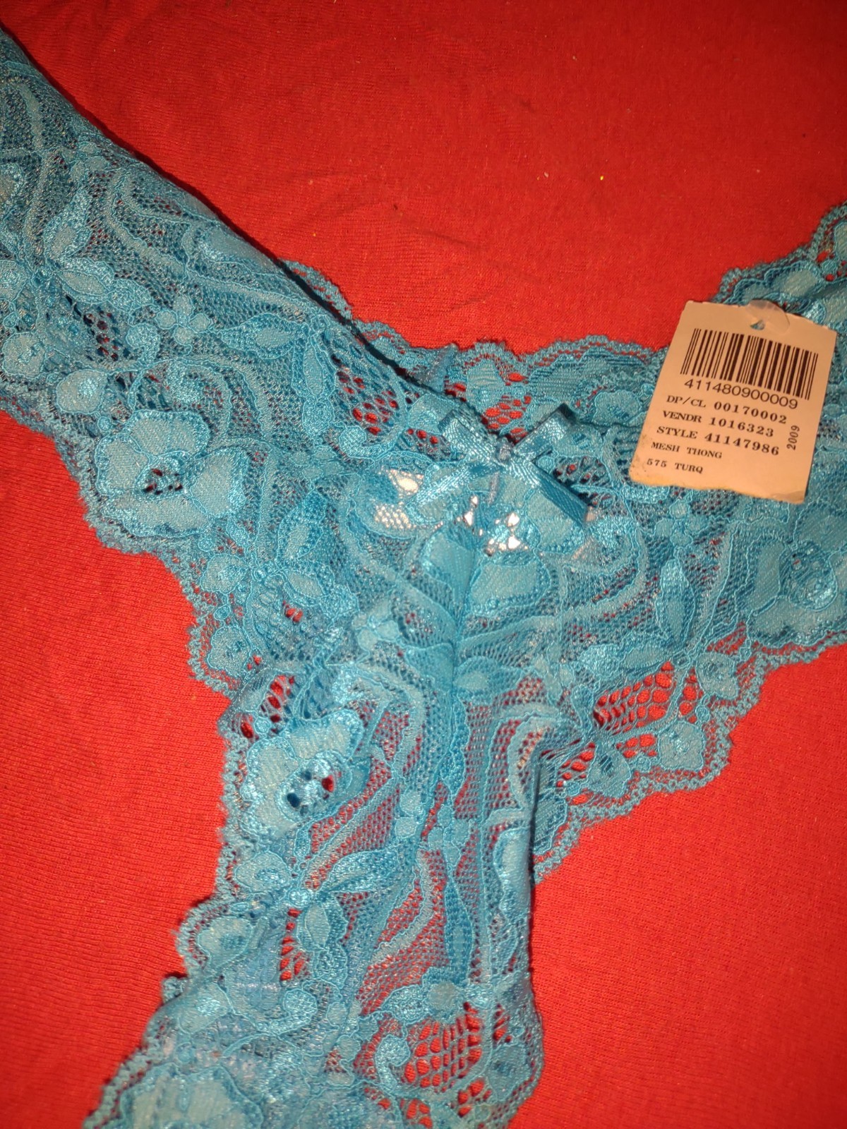 Under Cover Blue Lace Floral Thong Panties Size S Stretch Bow Accent NEW