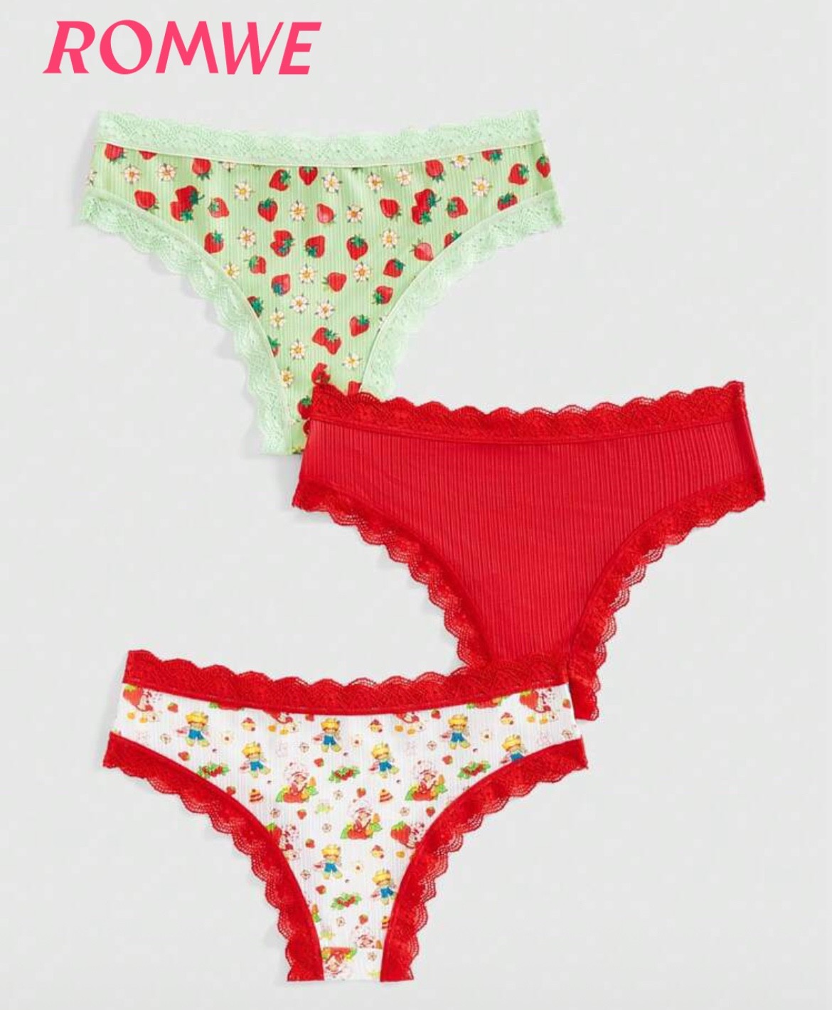 Strawberry Shortcake 3Pc Panty Set y2k Kawaii S, M, L Red Pink Lace Multicolor
