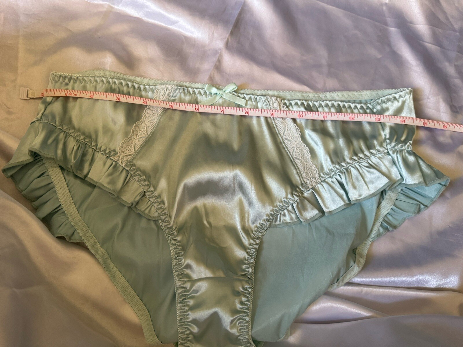 Light Baby Blue Shiny Satin Ruffle Hip Bikini Brief Panties White Lace Sz XL