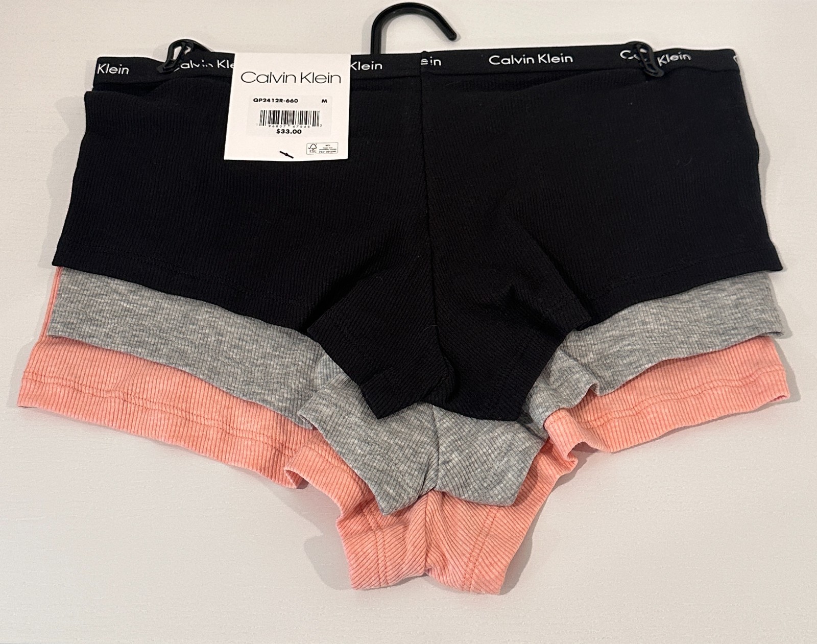 NWT Calvin Klein 3 Pack MEDIUM Rib Knit Boyshorts Women’s Black Grey Pink
