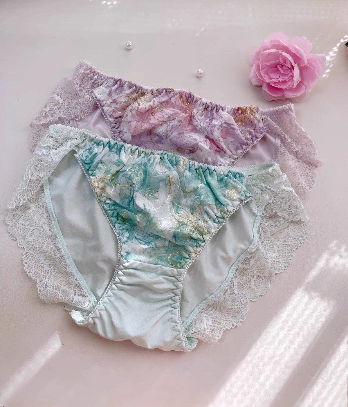Set Of 2 US-S, M/JP-LL Japanese Floral Embroidery Shiny Smooth Nylon Panties