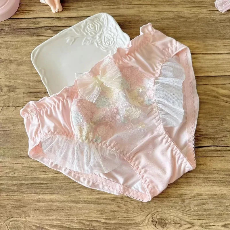 Embroidered Lace Briefs Mid Rise Bow Smooth Breathable Panties Women Soft